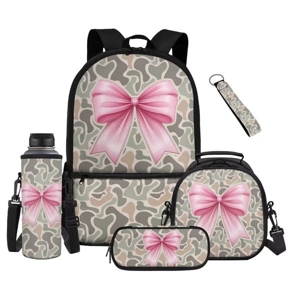 Bulopur Camo Pink Bow Kids Backpack Set 5 Pcs Soft Book Bag with Lunch Bag, Pencil Case, Water Bottle Cover and Wrist Strap for Country Girly Girls Ages 6-12