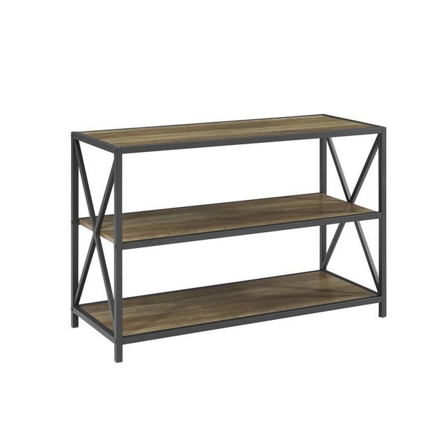 Pemberly Row 40" X-Frame Metal and Wood Media Bookshelf in Rustic Oak