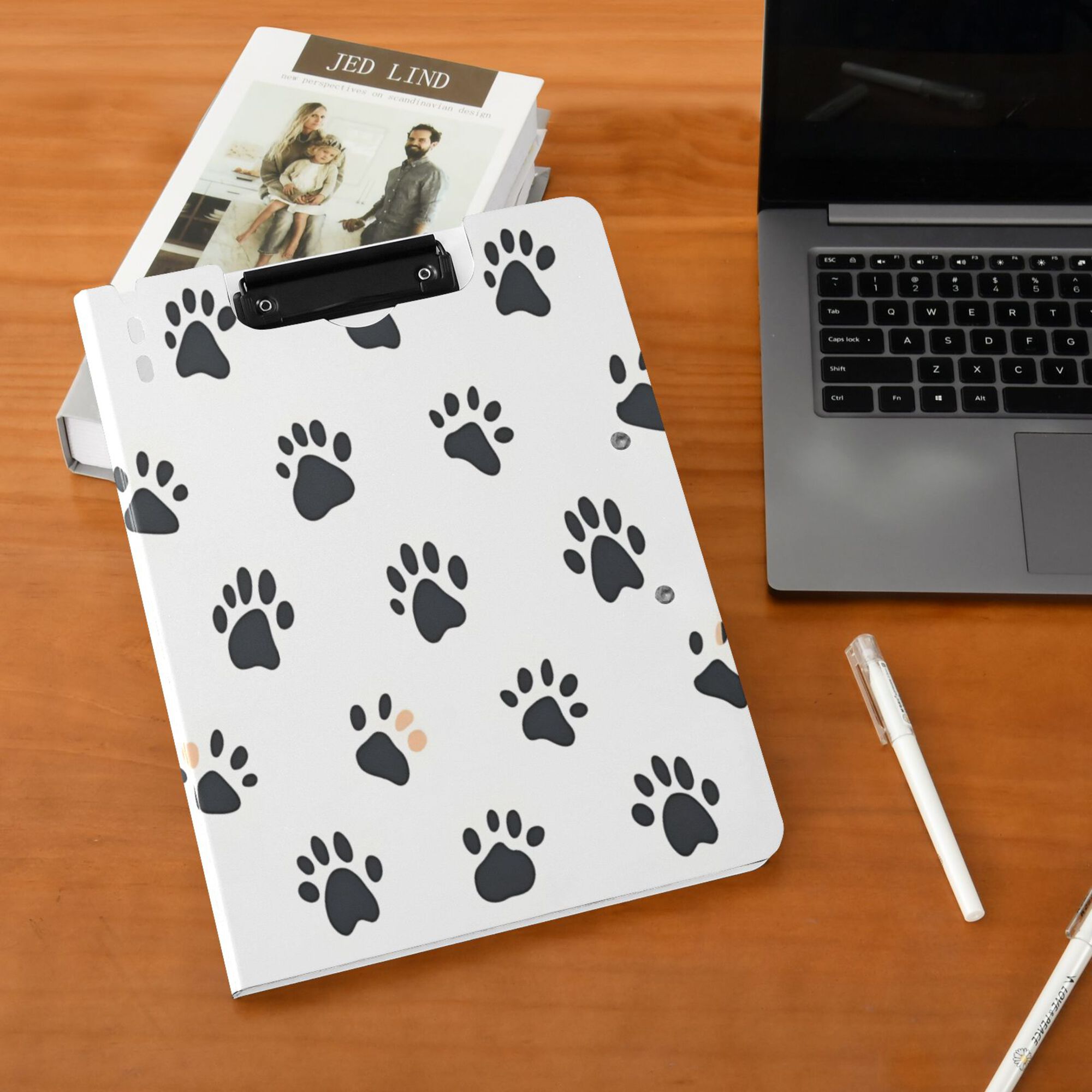 FORMRS A4 Clipboard Folder with Pen Holder Horizontal Foldable School Office Binder, Black Cartoon Cat Paw