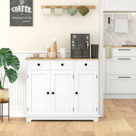 YYAo Sideboard Cabinet with Solid Wood Top, Adjustable Shelf and 3 Drawers, Coffee Bar Cabinet for Kitchen, Living room, White