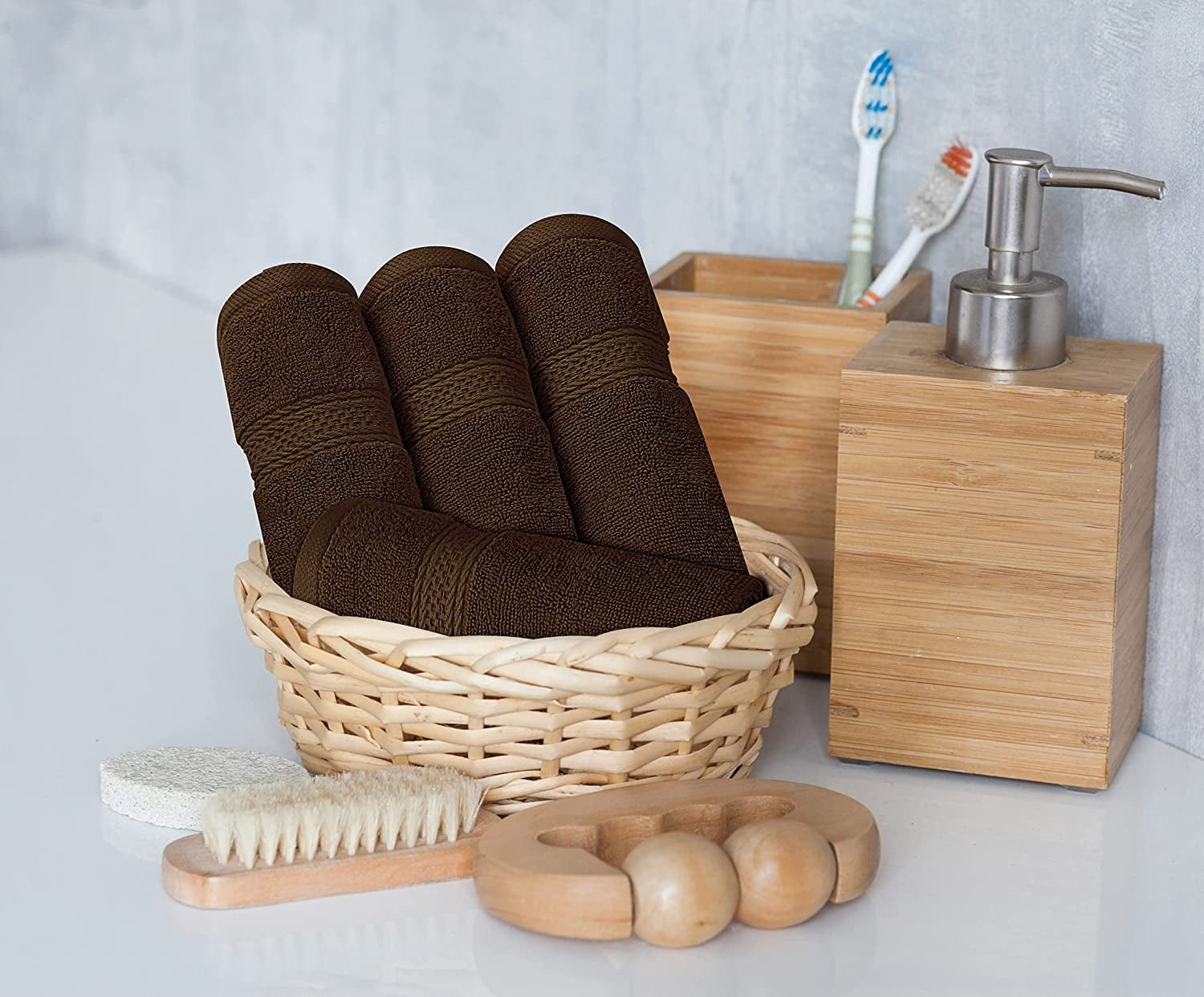 8-Piece Premium Towel Set, 2 Bath Towels, 2 Hand Towels, and 4 Wash Cloths, 600 GSM 100% Ring Spun Cotton Highly Absorbent Towels for Bathroom, Gym, Hotel, and Spa (Brown)