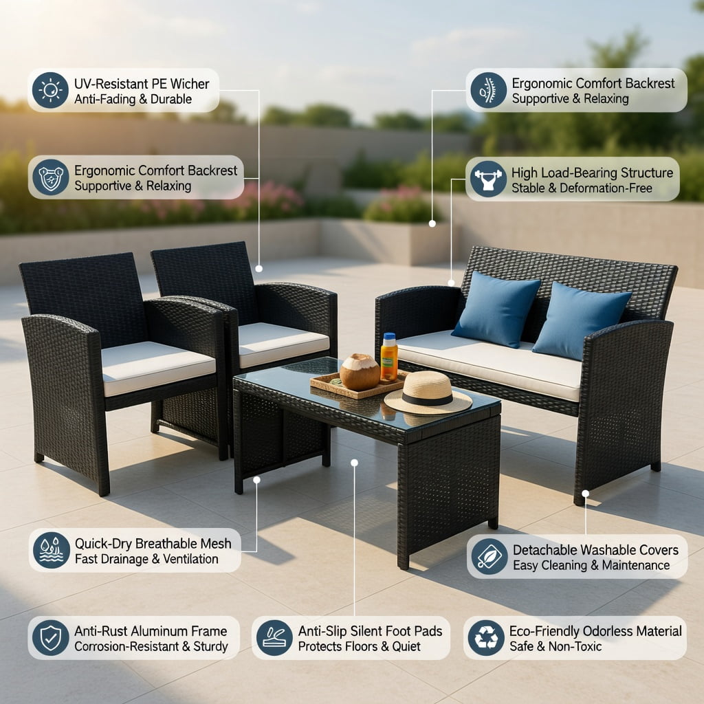 Hommoo 4-Piece All-Weather Wicker Patio Furniture Set, PE Rattan Loveseat & Single Sofas with Tempered Glass Coffee Table and Removable Cushions, White