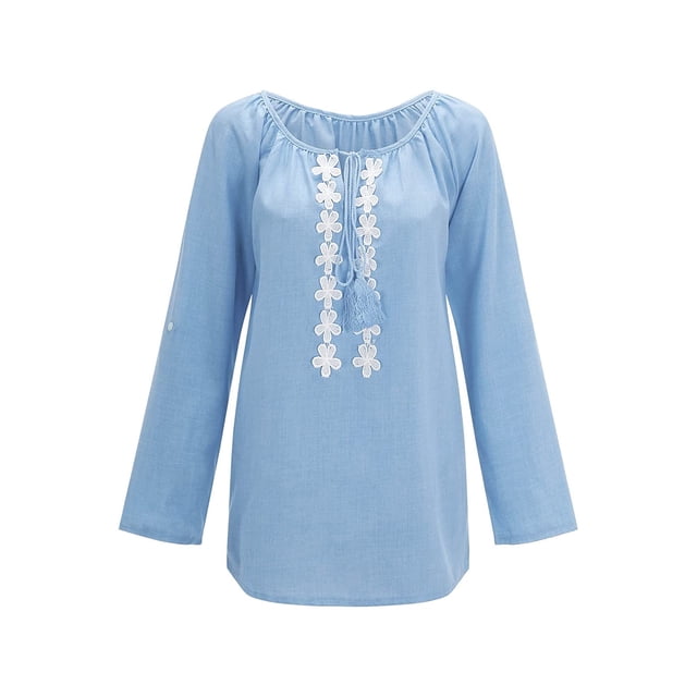 Blusa de mujer Camisa de color sólido de manga larga Costura de encaje Blusa suelta informal Ropa de otoño, Azul, XXL sidaley AP003723-25