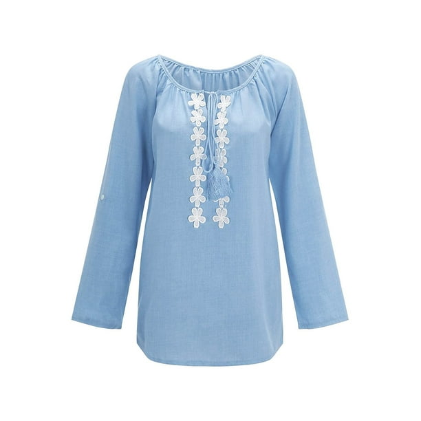 Blusa de mujer Camisa de color sólido de manga larga Costura de encaje Blusa suelta informal Ropa de otoño, Azul, M Speravity AP003723-22