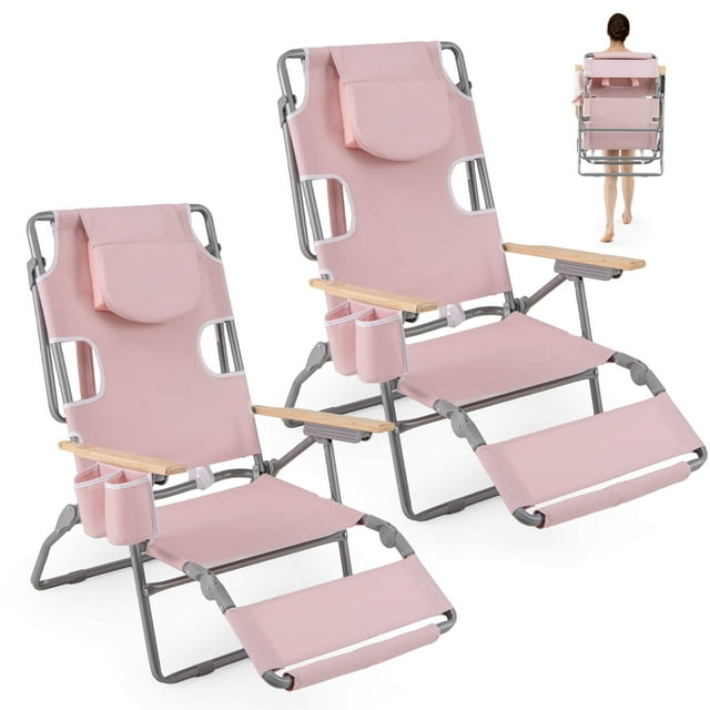Costway 2 Pcs Chaise de Plage Pliable 3-en-1 avec Ouverture pour le Visage, Repose-Pieds, Dossier Réglable Beige