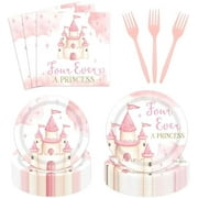 96-Piece "Four Ever a Princess" Birthday Tableware Set. Pink magical fairytale plates and napkins for a 4-year-old girl's castle-themed party