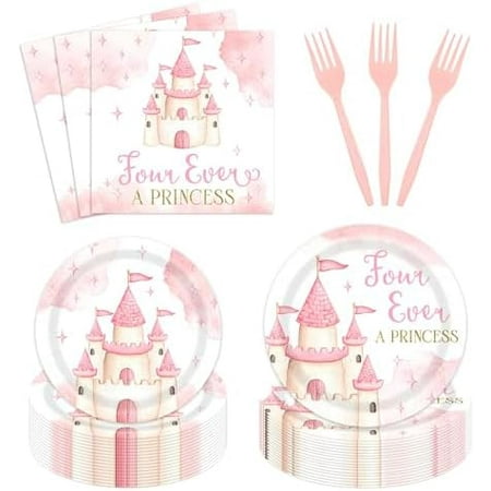 96-Piece "Four Ever a Princess" Birthday Tableware Set. Pink magical fairytale plates and napkins for a 4-year-old girl's castle-themed party