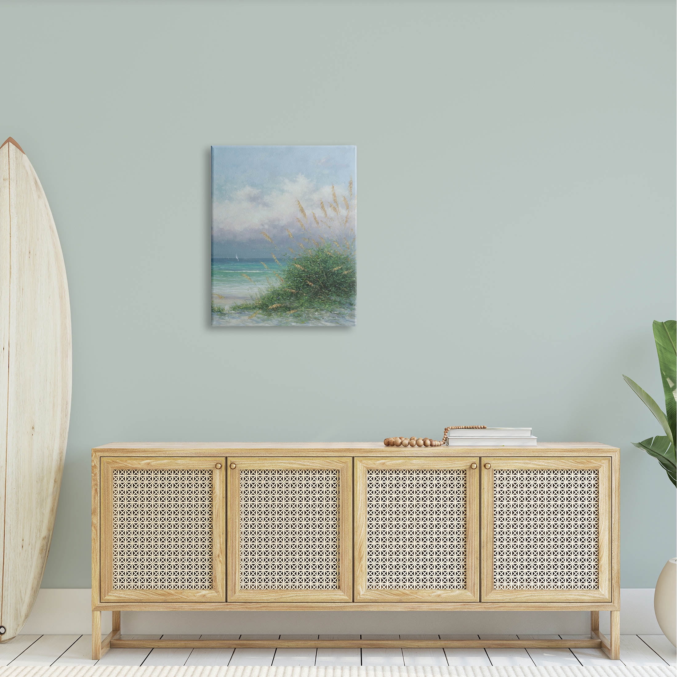 Ocean Waves Beach Reeds Coastal Painting Gallery Wrapped Canvas Print Wall Art