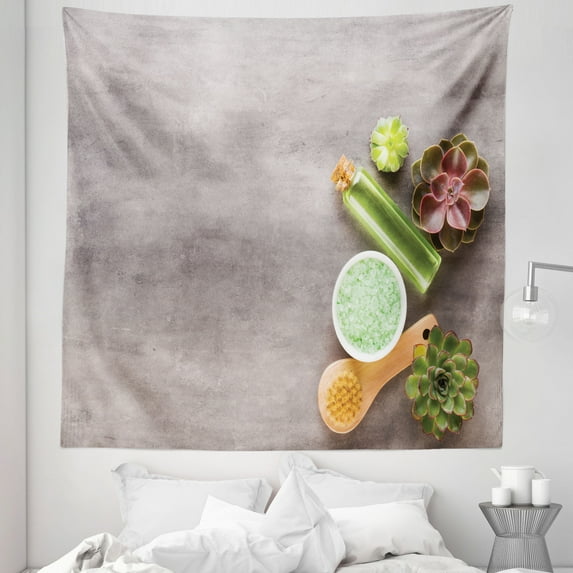 Cactus Theme Tapestry, Calm Your Soul Themed Essential Oils and Succulent Plants Top View Photo, Fabric Wall Hanging Decor for Bedroom Living Room Dorm, 5 Sizes, Multicolor, by Ambesonne