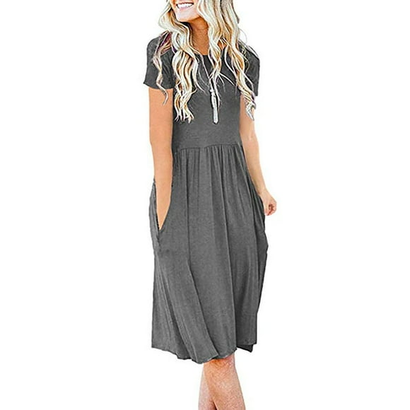 Clearance sale Women's Short Sleeve Pockets Empire Waist Pleated Loose Swing Casual Flare Dress Loose Swinging Casual Flare Dress