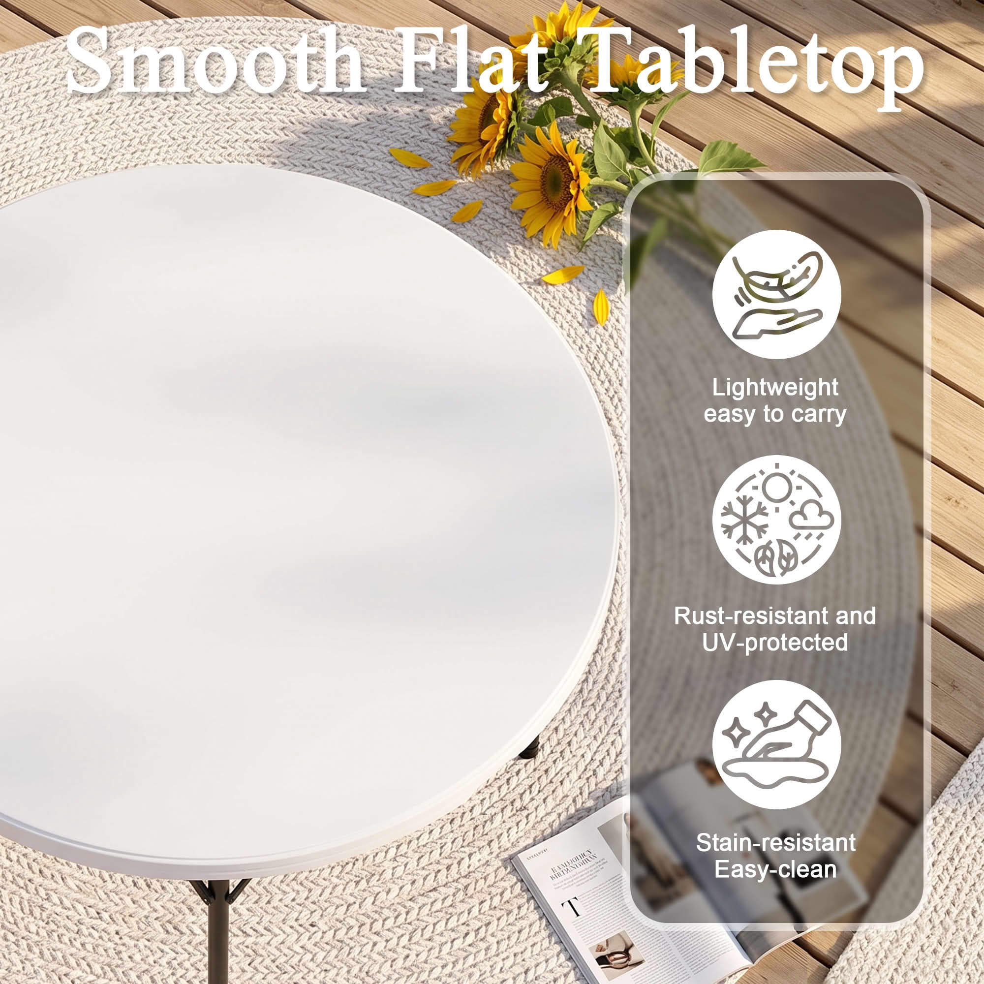 MAYEERTY 71" White Round Blow Mold Folding Table, Foldable Metal Legs Portable Dining Table for Outdoor Party Event