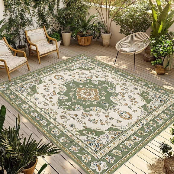 Sage Green Outdoor Rug 4x6 Ft - Reversible Patio Rug Outdoor Camping Rugs, Southwest Tribal Antique Boho-Chic Farmhouse Indoor Outdoor Area Rugs, Non-Slip Outdoor Carpet Runner for Deck/Porch