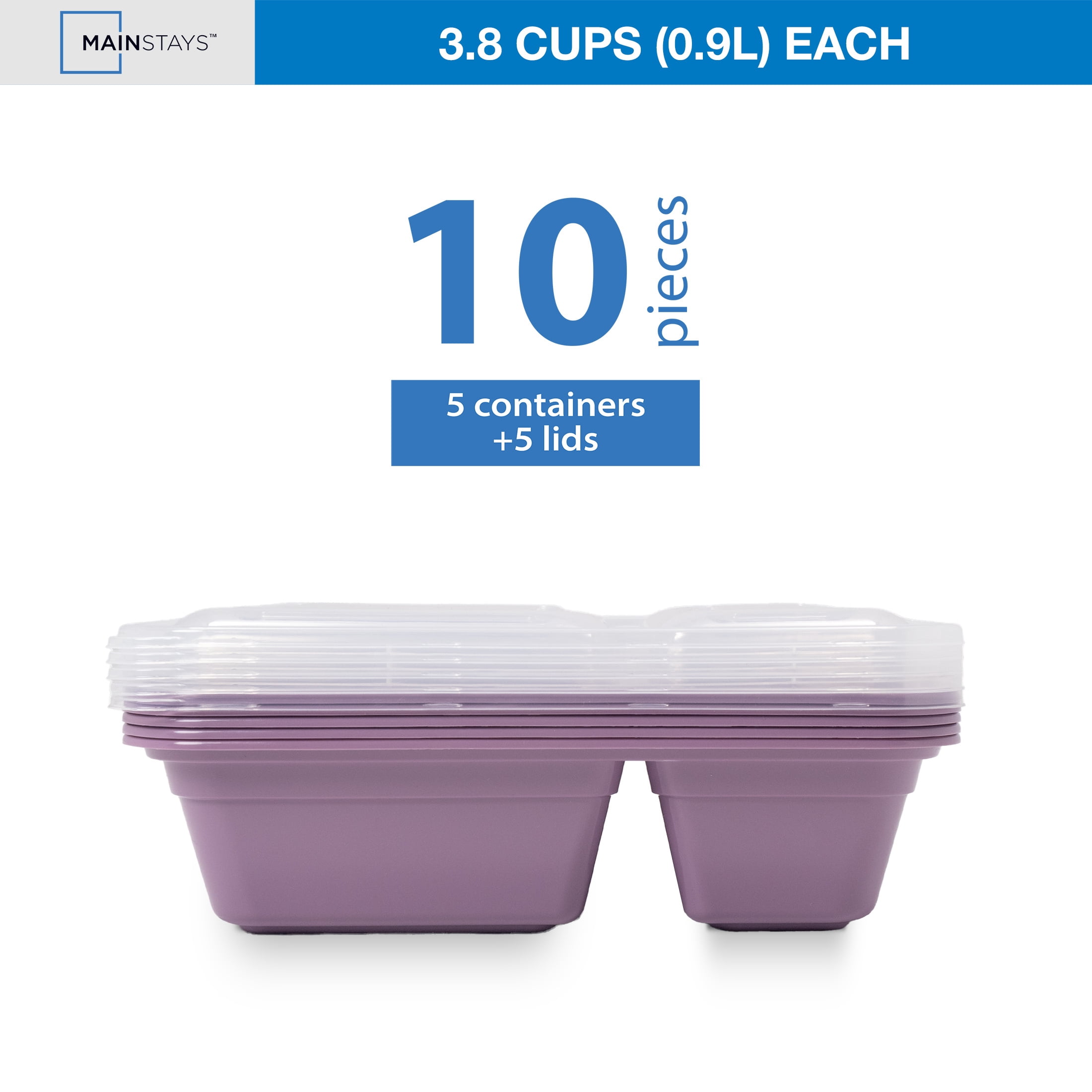Mainstays 5-Pack 2-Compartment BPA-Free Plastic Meal Prep Food Storage Containers, 0.9L, Lilac Bloom