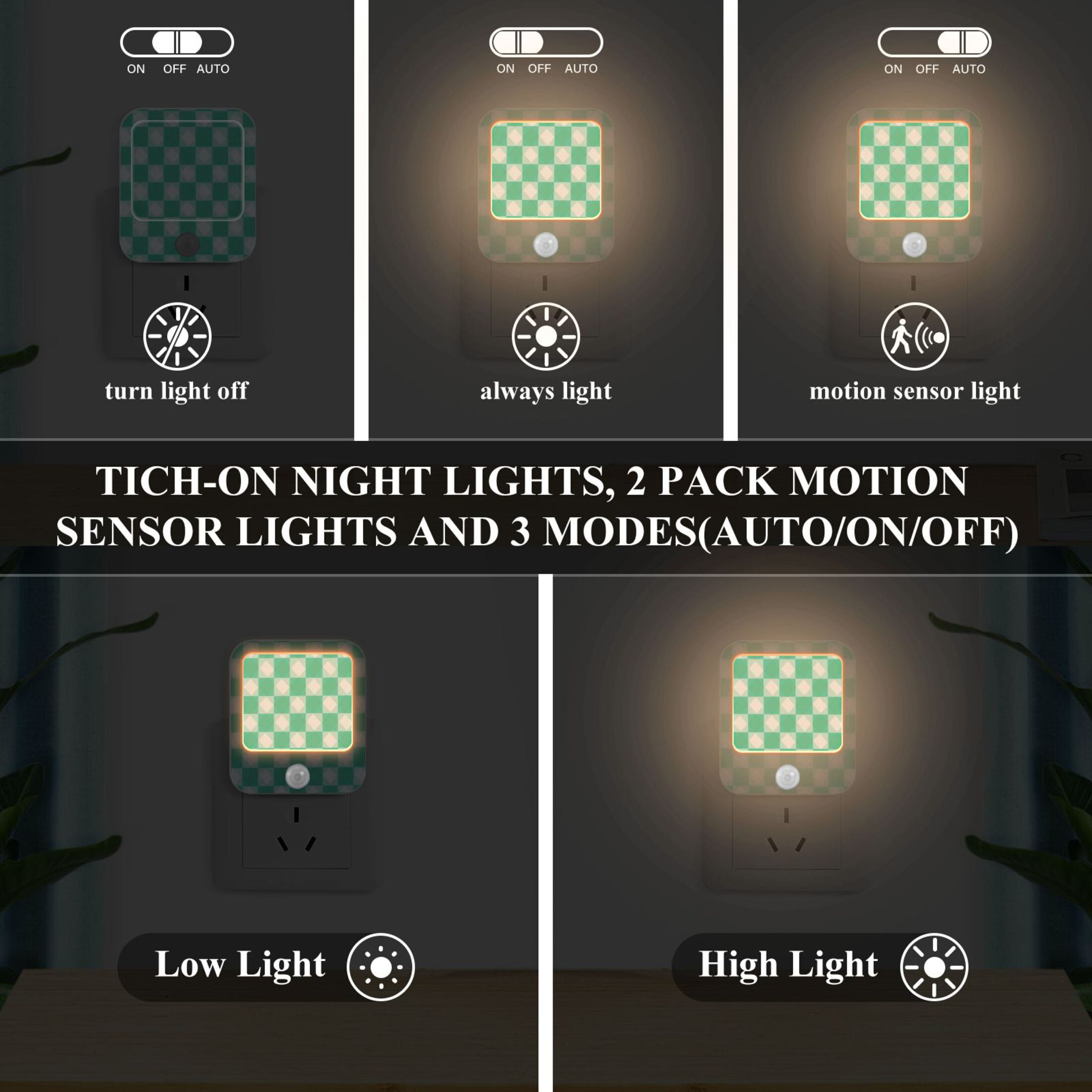 2 Pack LED Sensor Night Light Motion 3 Modes for Stairway Bedroom Living Room Emerald Green Squares
