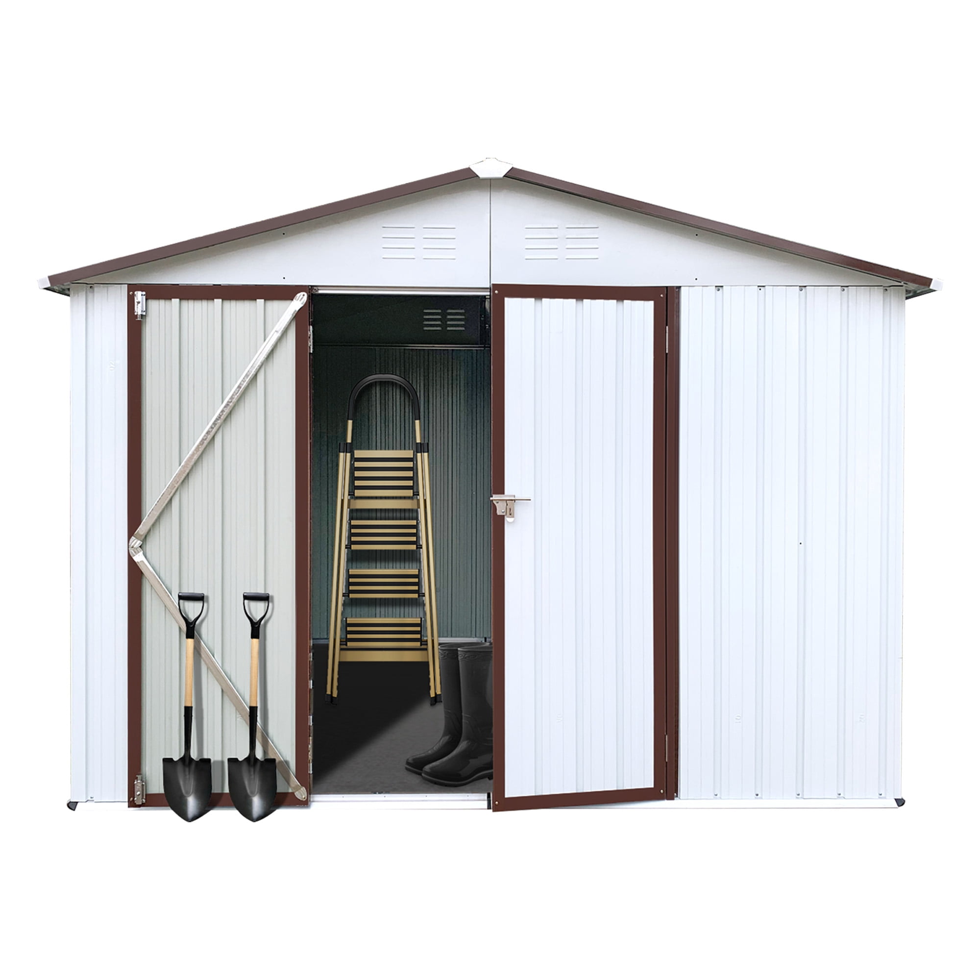 Aukfa 8FT x 6FT Outdoor Storage Shed, Metal Garden Shed with Vents, Tool Shed with Door and Padlock for Backyards, Patio Lawns, White