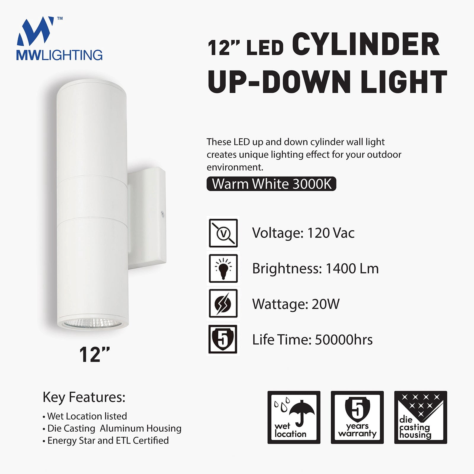 MW Lighting 12" Up & Down LED Cylinder Light Fixture, White Finish