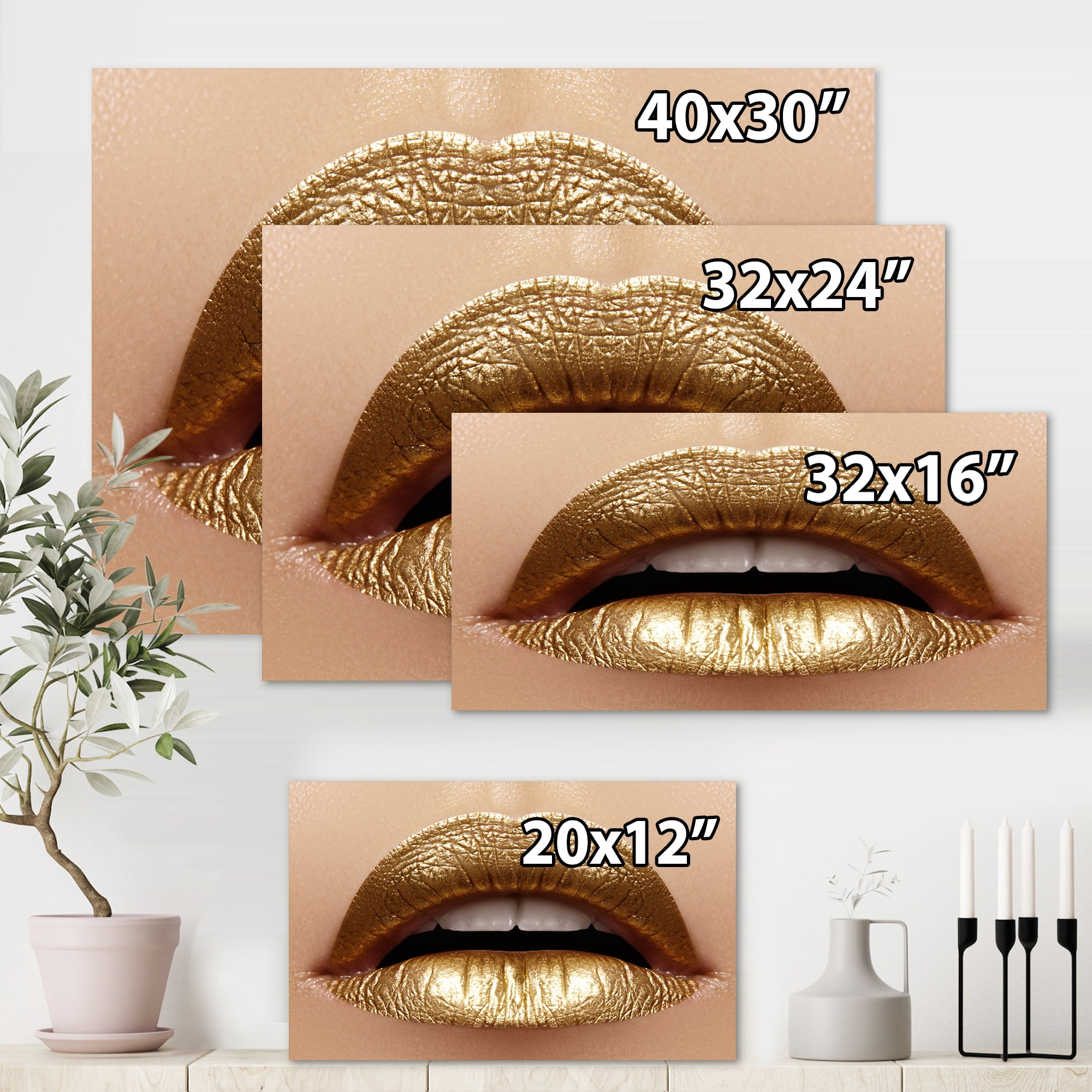 Designart ' Close Up of Woman Plump Lips With Golden Lipstick ' Modern Canvas Wall Art Print