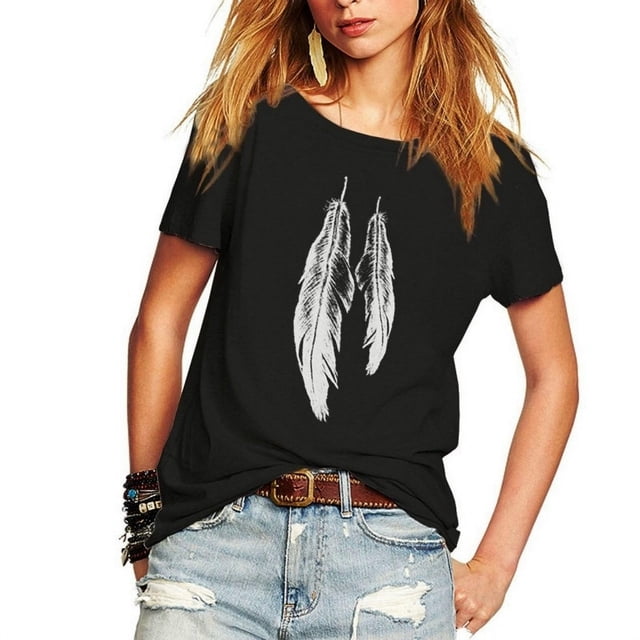 Camiseta de mujer con estampado de plumas, camiseta de manga corta, camisetas informales sueltas Xemadio CJWUS-3846