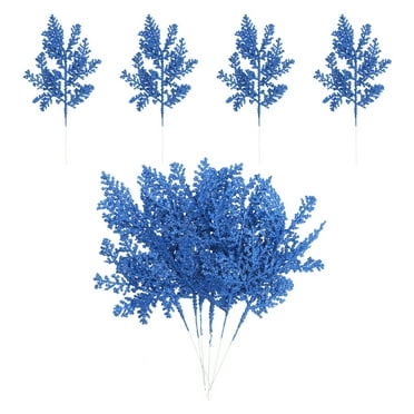 Uxcell Glitter Artificial Pine Needles, Christmas Glitter Pine Stems Branches Fake Floral Twig Leaves Faux Cedar Picks Navy Blue 10 Pcs