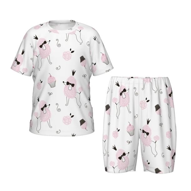 Fotbe Cute Poodle Dog Pijama Estampada de 2 Piezas para Niños – Ropa de Dormir de Manga Corta Cómoda para Niños y Niñas, Camiseta y Shorts de Algodón-XX-Large