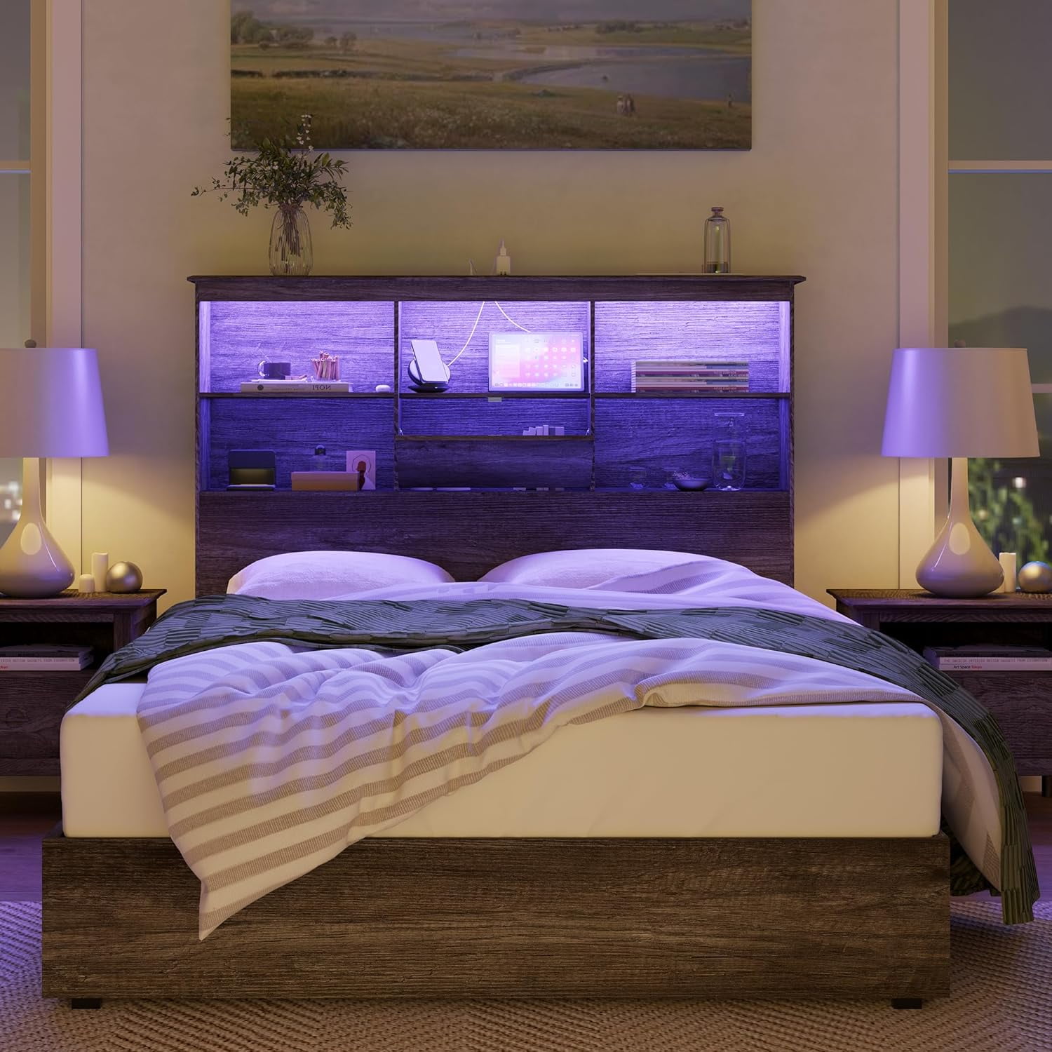 Merluxy Bookcase Headboard Bed King Size Rustic Style Wood Standard Bed, Grey
