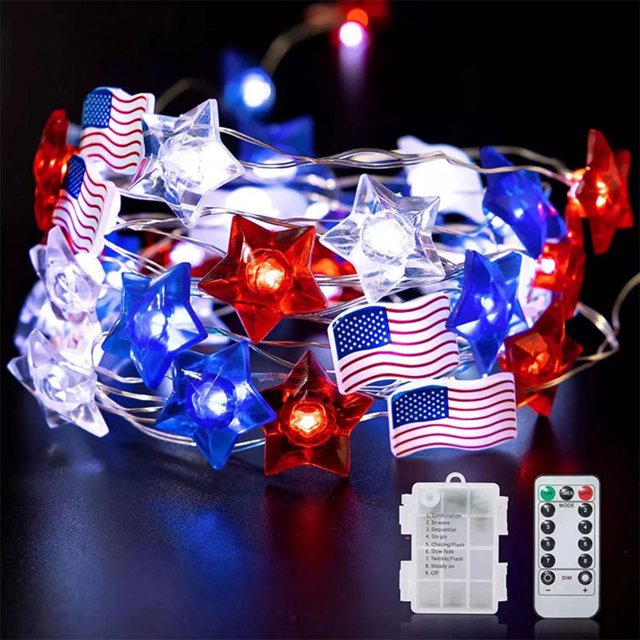 3M Rojo Blanco Azul Estrella Bandera de EE. UU. Luces de cadena Lámpara de 8 modos para el Día de los Caídos