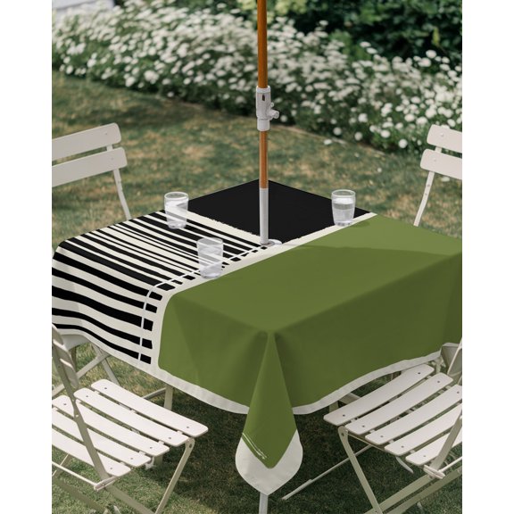 Outdoor Tablecloth with Umbrella Hole, Japanese And Wind Black Green Stripes Zippered Table Cloth for Rectangle Tables, Geometric Art Washable Waterproof Tablecloths for Picnic Patio Garden