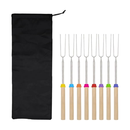 8-Piece Extendable Roasting Sticks with Wooden Handles Stainless Steel U-Shaped Telescopic Skewers for Outdoor BBQ Camping and Fire Pit Grilling Summer Outdoor Cooking Set