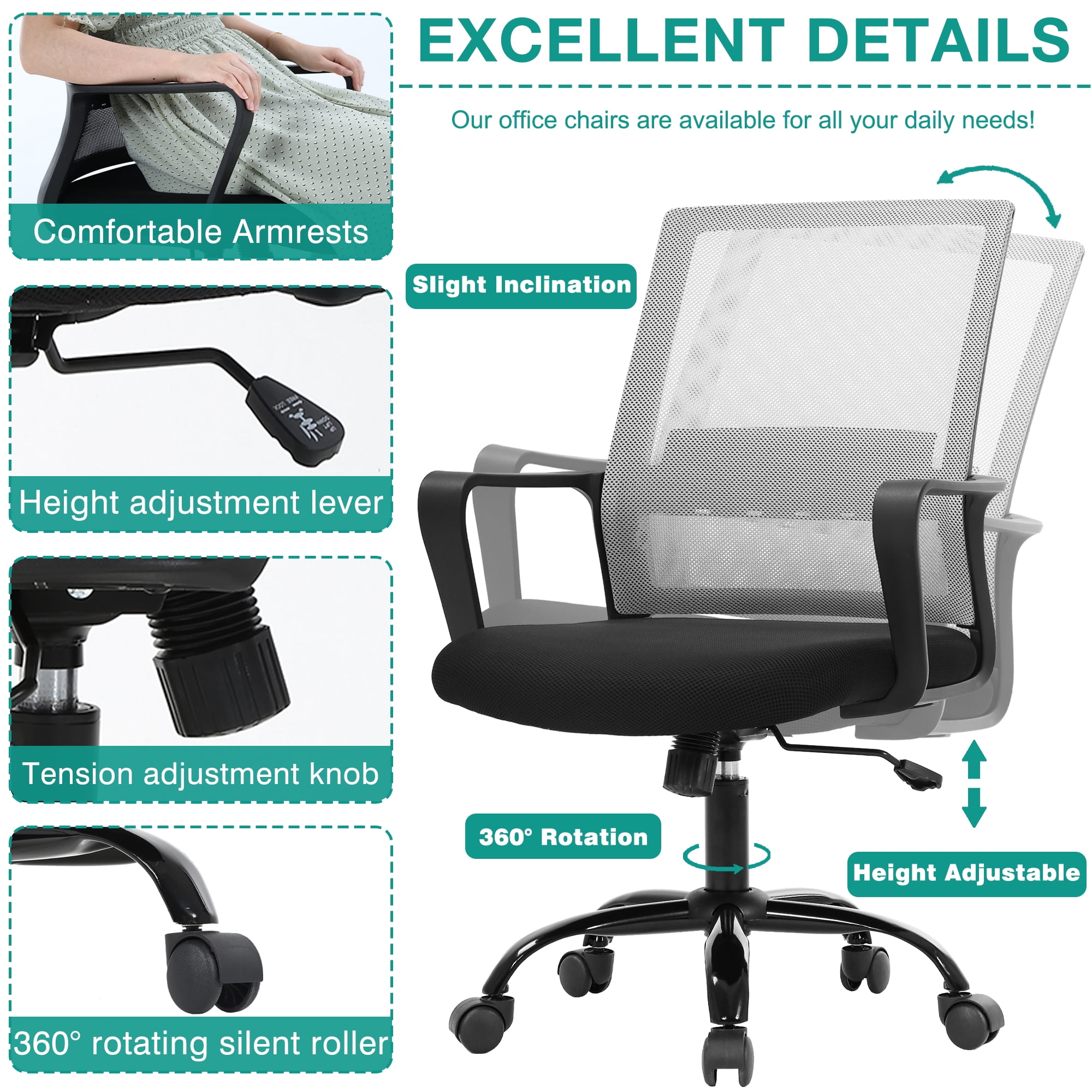 BestOffice Mesh Lumbar Support Indoor Swivel Ergonomic Office Chair, Gray