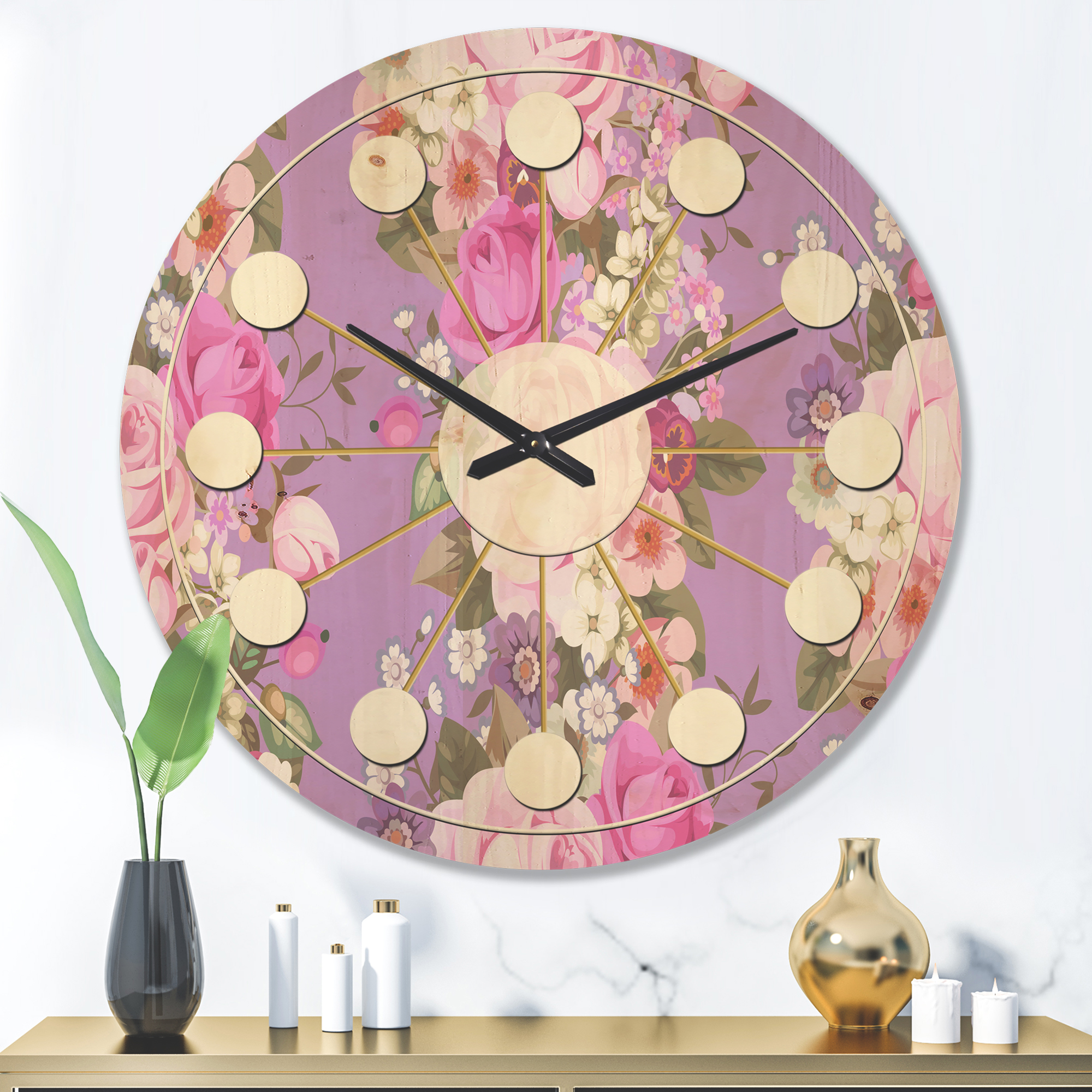 Designart 'Country Roses With Pattern' Mid-Century Modern Wood Wall Clock