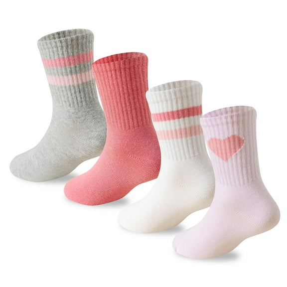 NAISHIER Girls Socks Kids Pink Crew Athletic Socks with Hearts Striped 4 Pairs for Children 4-7 Years