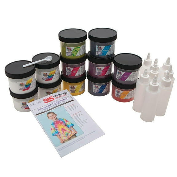 S&S Worldwide Color Splash! Cold Water Tie Dye, 8 Colors Dye Powder   Soda Ash, 8oz Jars, Applicator Bottles, Measure Scoop, Just Add Water, For Groups, Tie-Dye, Batik, Ice Dye, Non-Toxic, 12 Jar Set