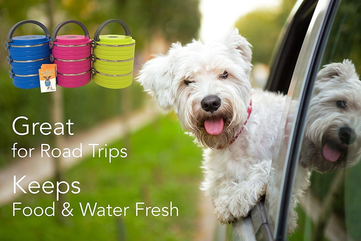 Healthy Human Travel Dog Bowls | Stainless Steel Go Pet Bento Bowl | Stackable Cat & Dog Food Bowls | Leak Proof | Set of 3 Interlocking Bowls, 2 Spare Clips, 1 Spare Handle (Green)