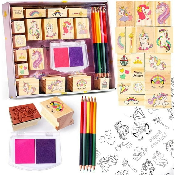 PinkSheep Unicorn Wooden Stamp Set, Arts Crafts Kit Set with 17 Stampers, 2 Ink pads, 5 Colored Pencils, 31 Stickers