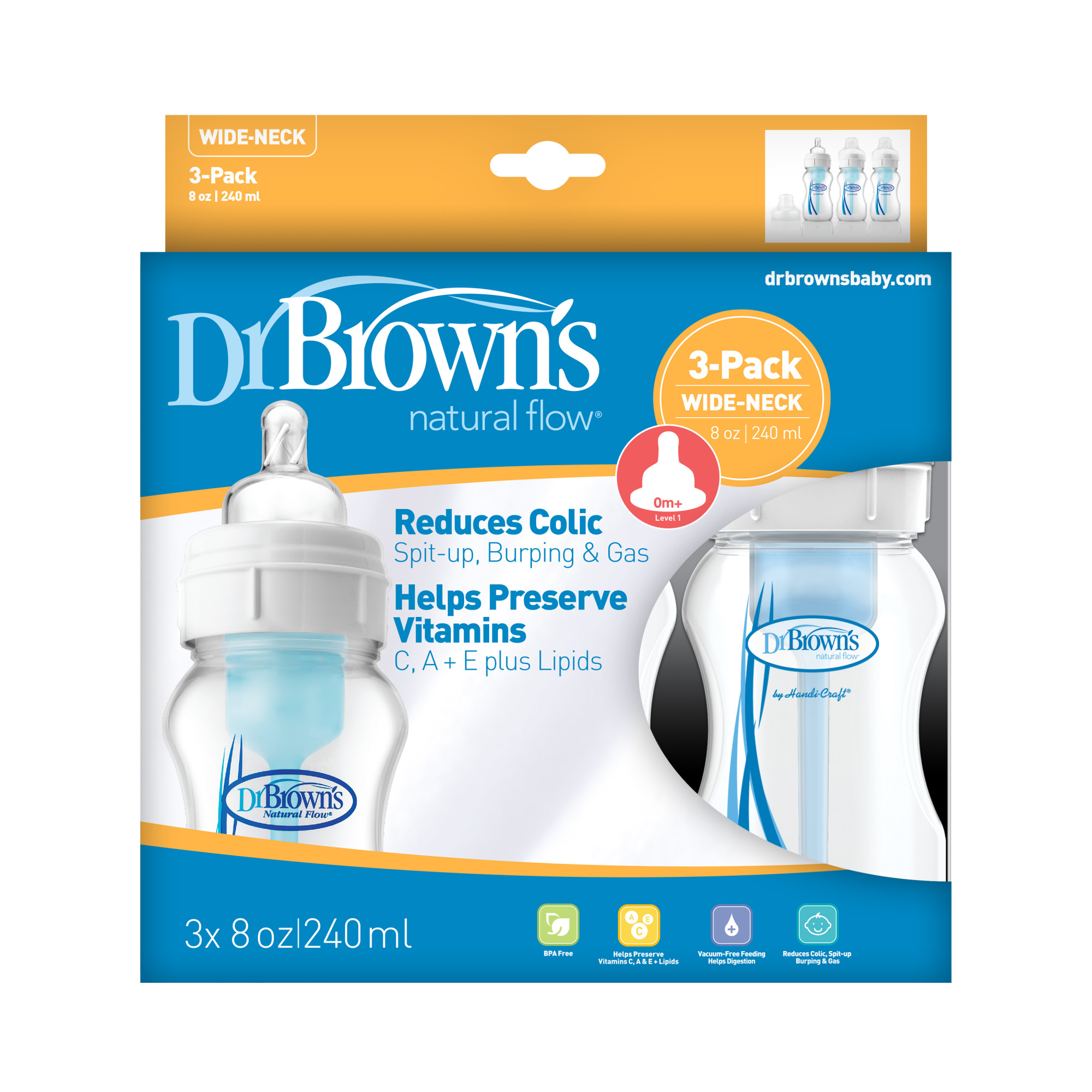 Dr. Brown's Natural Flow 8-oz Wide Neck Baby Bottle, 3-Pack, BPA Free - image 2 of 3