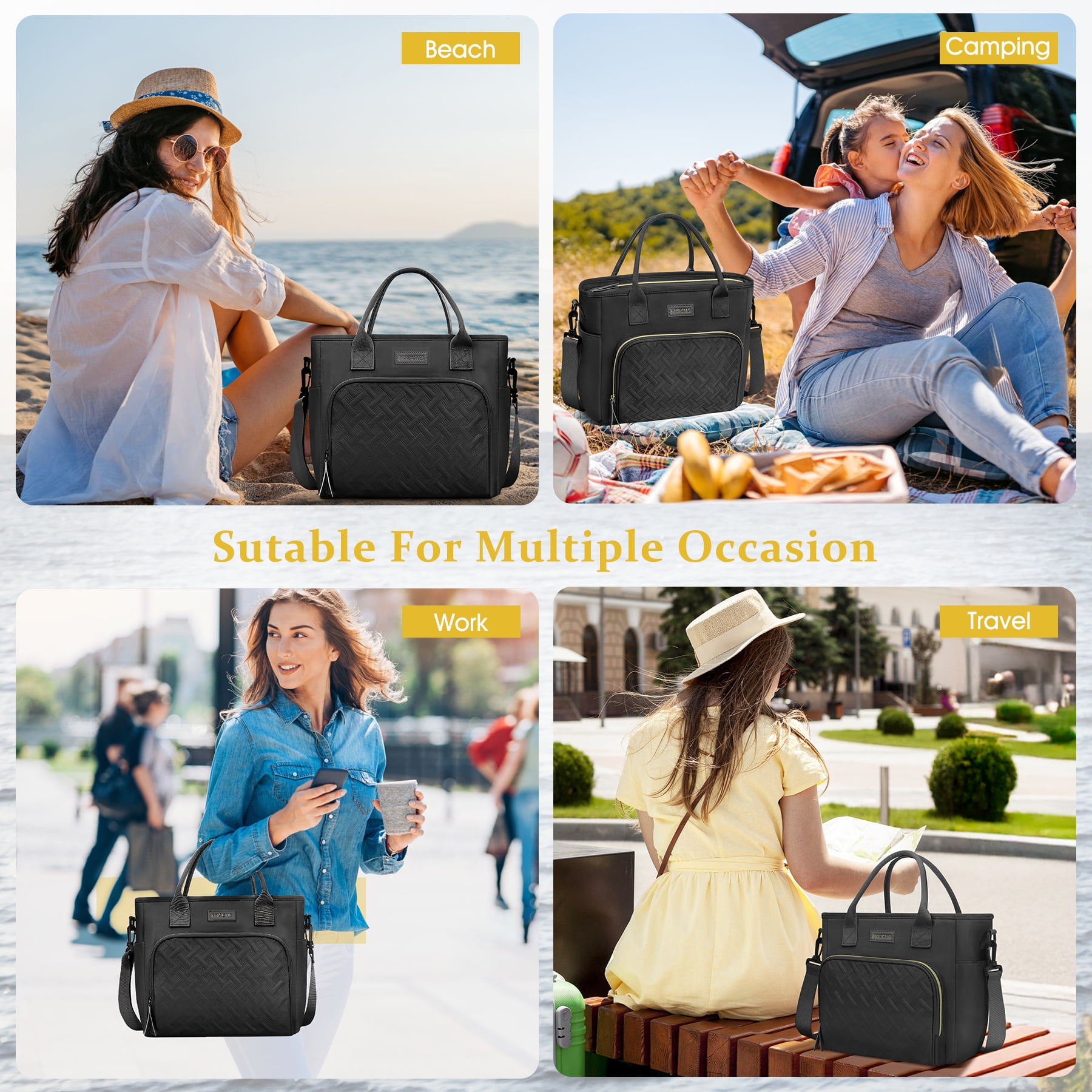 CshidWorld Insulated Lunch Bag for Men & Women - 18L Large Capacity Lunch Box for Work,Office ,Picnic, Hiking, Beach, Thermal Cooler Tote w/ Adjustable Strap, Pockets, Classic Plaid Design, Black