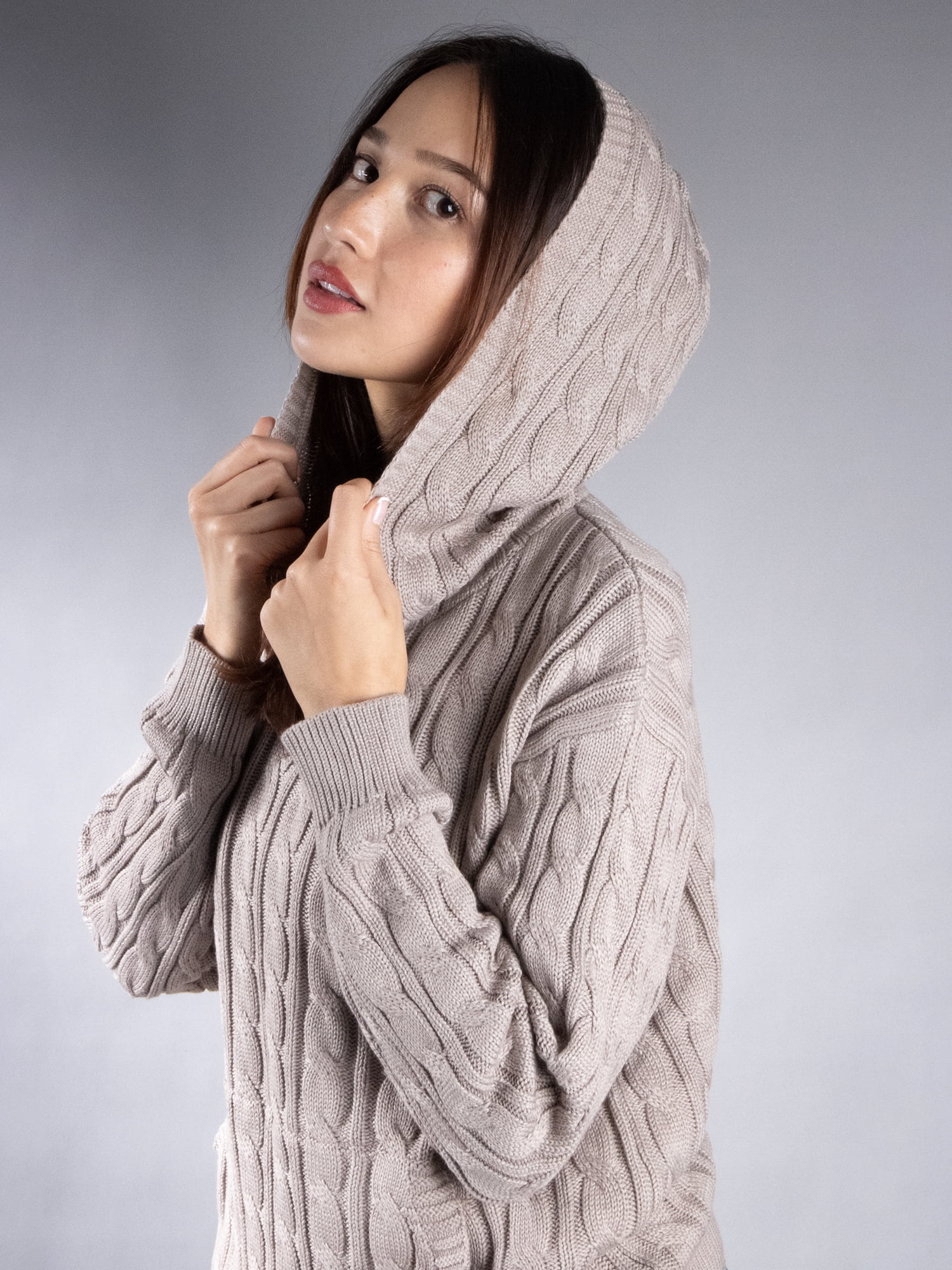 DARING DIVA Women's Stylish Oversized Cable Knit Hooded Sweater M Fossil Gray