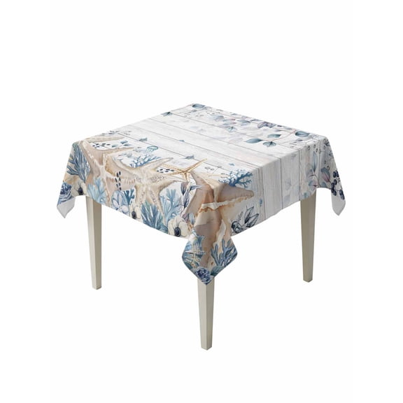 Blue Beige Coastal Suqare Tablecloth - 54 x 54 Inch, Beach Starfish Summer Eucalyptus Retro Waterproof & StainResistant Tablecloth, Washable Oil-proof Table Cover for Dining/Party/Wedding/Buffet