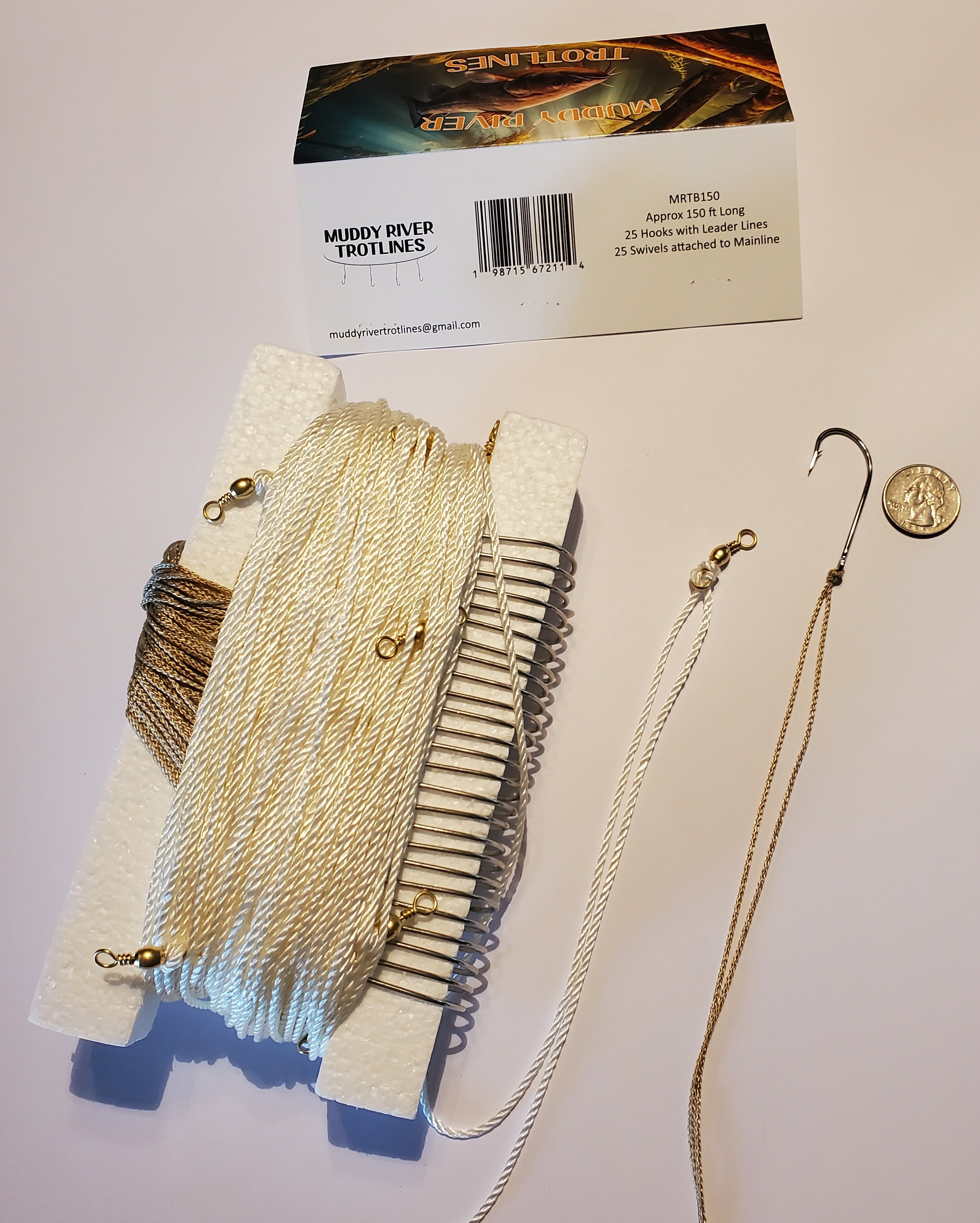Muddy River Trotlines; Ultimate Catfishing Gear: Trotline includes Mainline Pre-rigged with Swivels, Leader Lines and Hooks. MRTB150, white