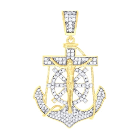 925 Sterling Silver Yellow-tone Mens Cubic-Zirconia Mariner Anchor Cross Religious Charm Pendant