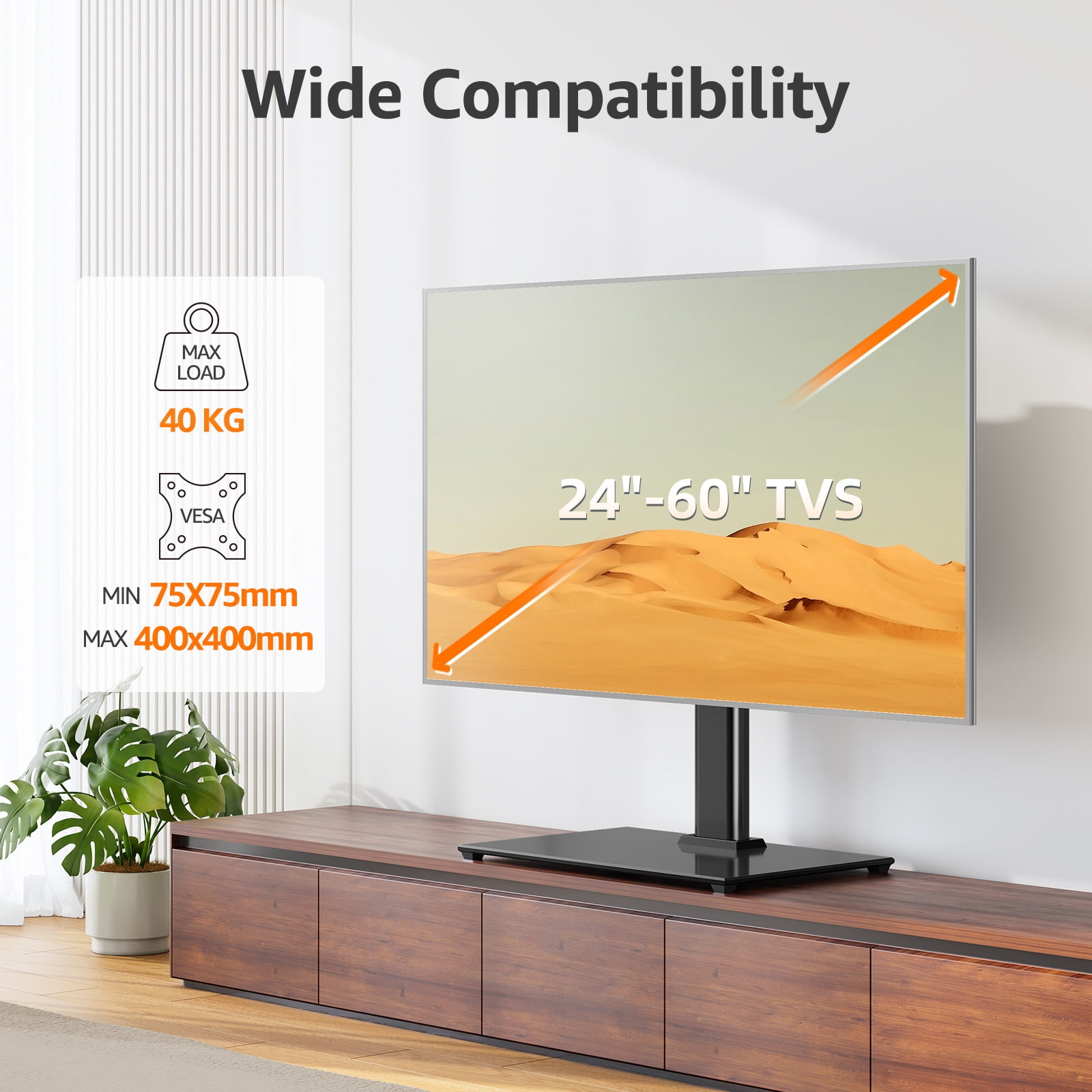 HOMOUNT Universal Tabletop TV Stand for 24-60 inch TVs, 5 Level Height Adjustable, Desktop TV Base with Tempered Glass Base, Max 400x400mm, Holds up to 88 lbs