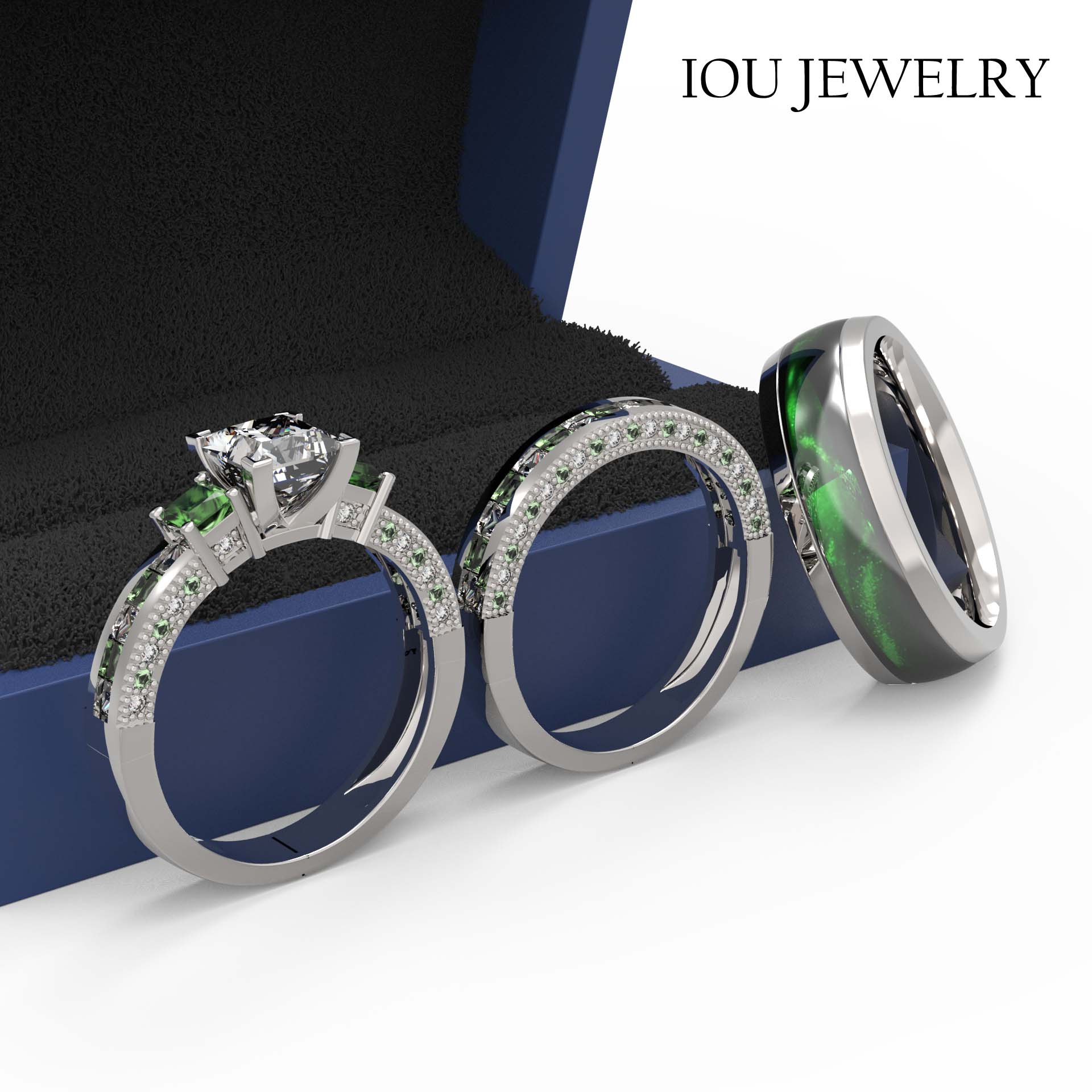 3pc Couples Wedding Ring Sets His And Hers Women Sterling Silver Green Moissanite and men Wedding Bands Together With Ring Gift Jewelry Box