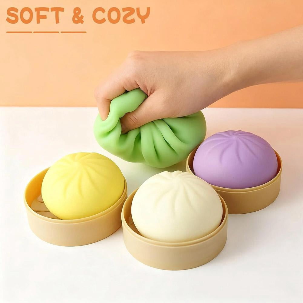 4 PCS Dumpling Stress Balls Fidget Sensory Toy Set, Realistic Steamed Bun Squeeze Toy with Steamer, Soft TPR Dough Ball Hand Toy for Anxiety Relief and Desk Decor