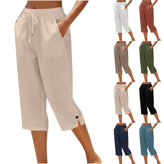 Nestiefly Cotton Capri Pants for Women Loose Fit Straight Leg Drawstring Elastic Waist Cropped Pant Casual Summer Linen Clothes Beige S