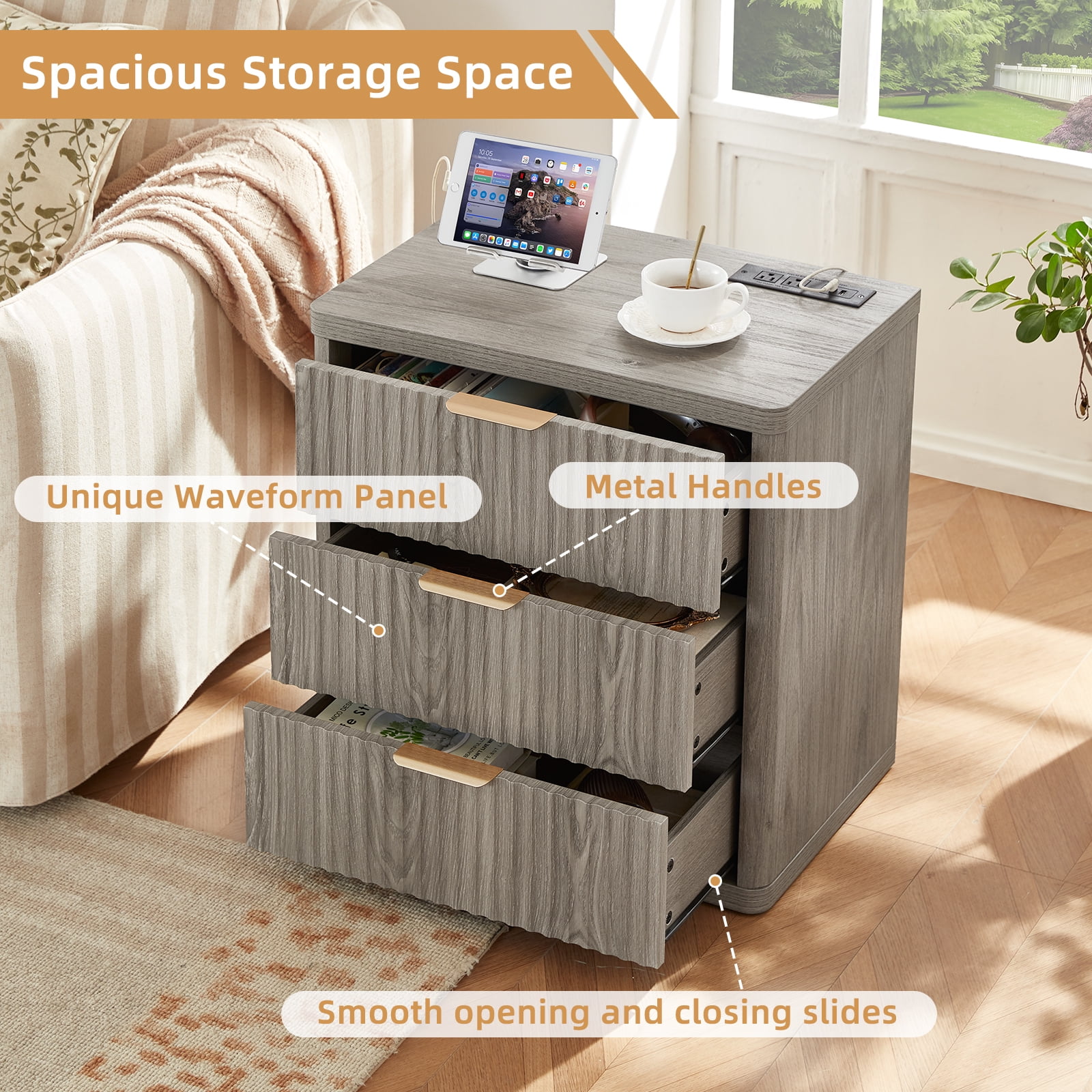 2 Pcs End Table with Charging Station, 23" Wide Sofa Side Table with 3 Drawers, Large Storage Rustic Wood Storage Cabinet for Living Room,Bedroom, Grey