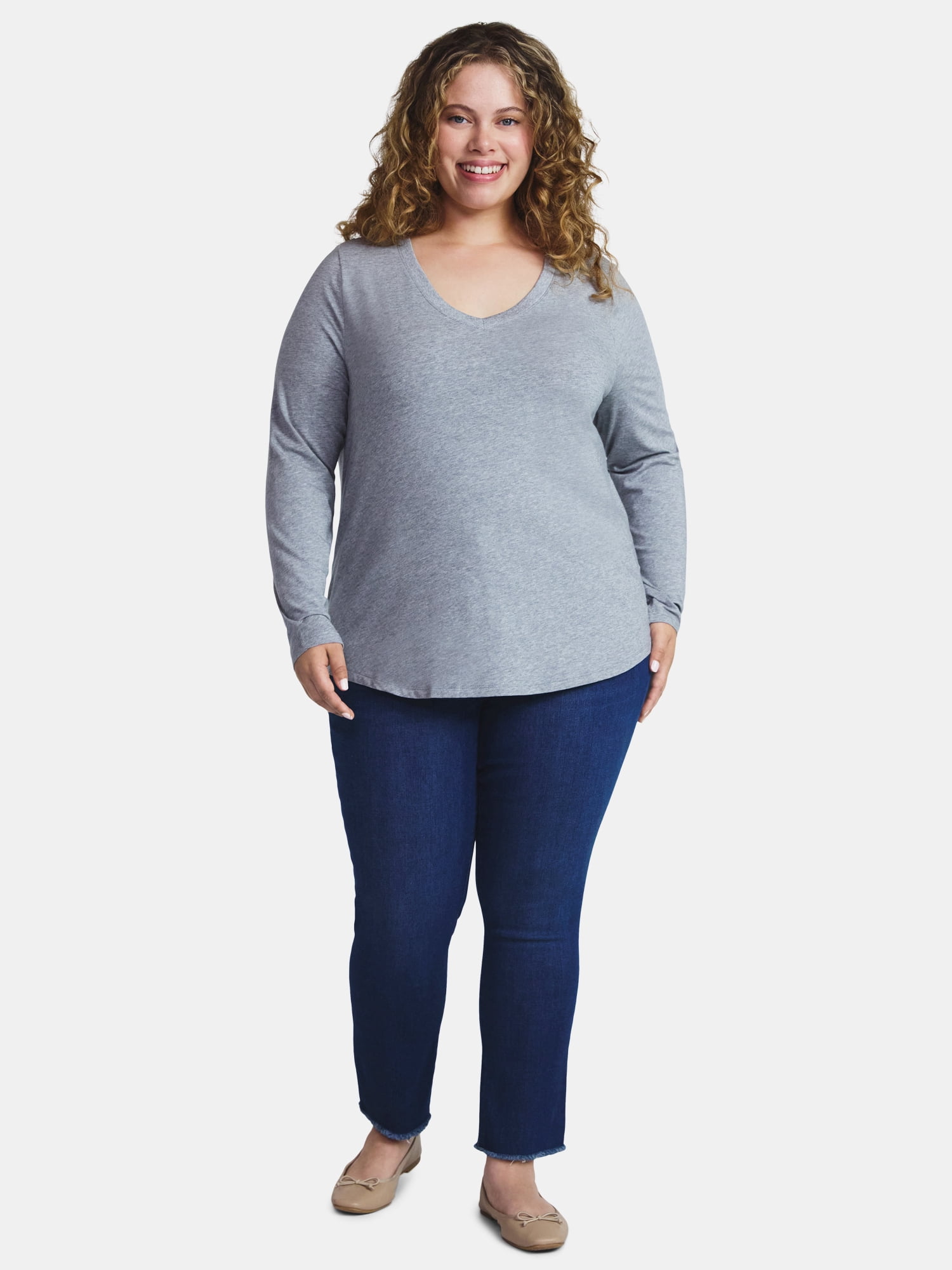 Terra & Sky Women's Plus Size V-Neck Tee with Long Sleeves, Sizes 0X-5X