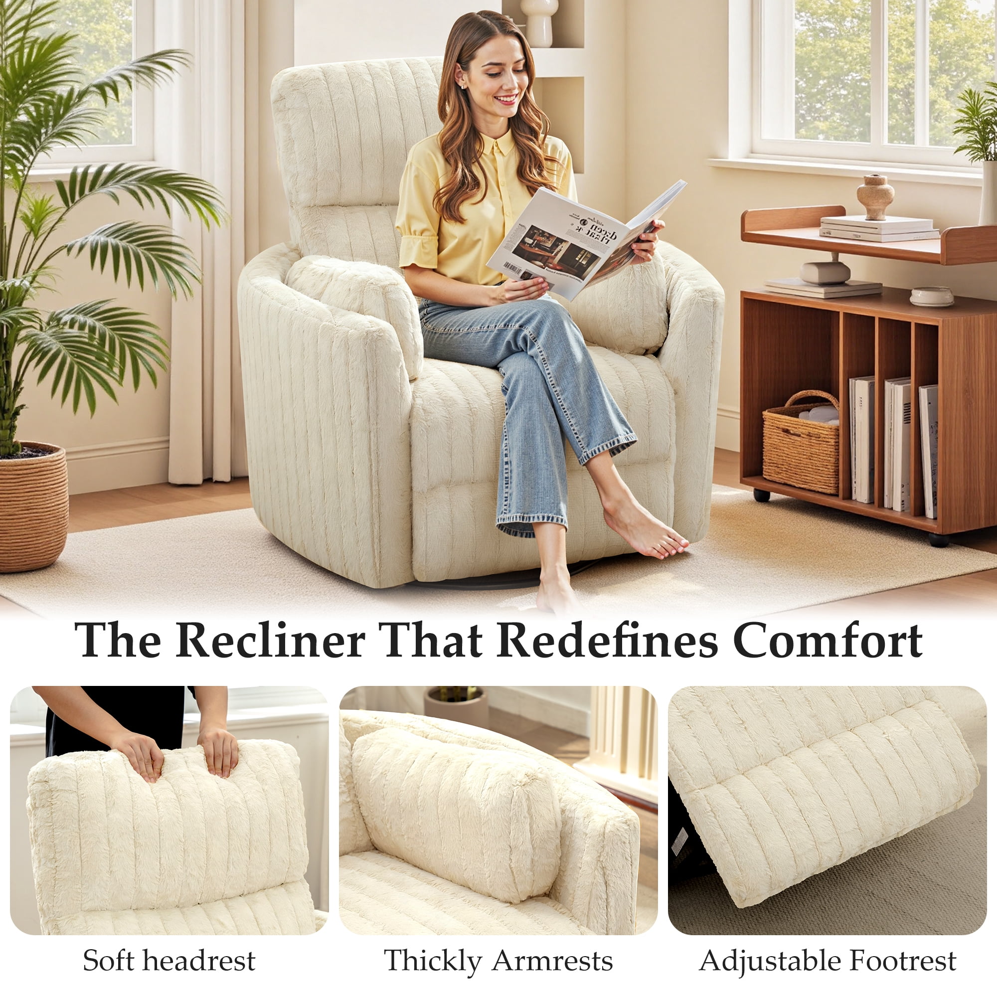 COOLHUT Electric Recliner Chair, Swivel Rocker Recliner Chair with USB Ports, Comfy Lay Flat Sofa with Footrest for Small Spaces, Living Room, One Box, Set of 1, Beige