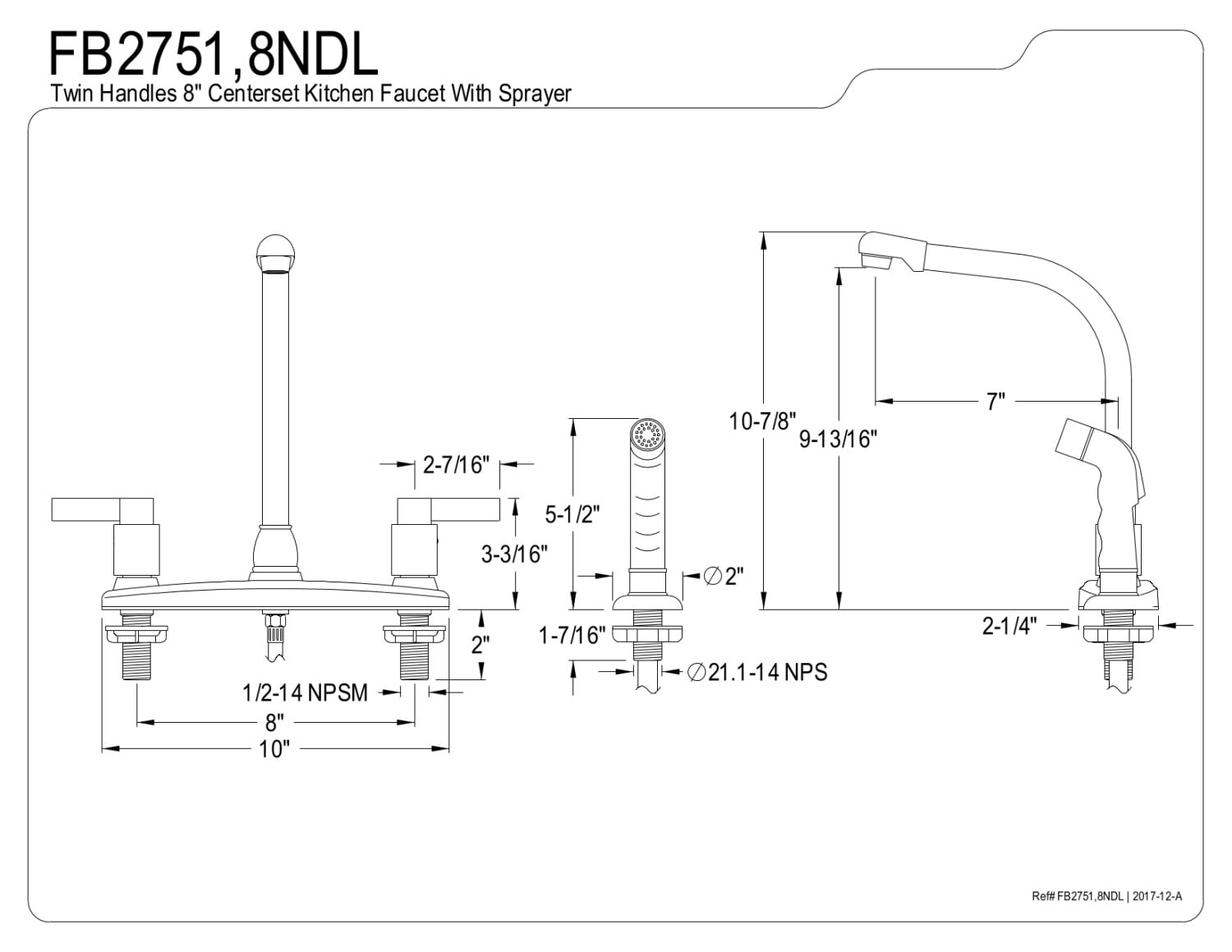 Kingston Brass FB2758NDL 8-Inch Center High-Arch Kitchen Faucet, Brushed Nickel