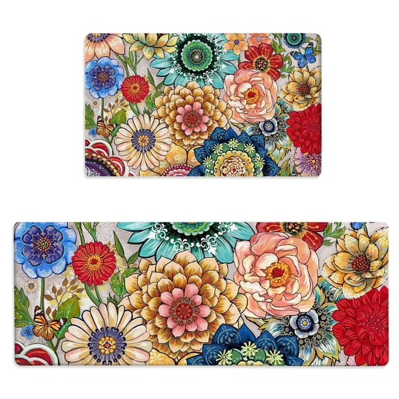 Anti Fatigue Kitchen Mats for Floor Set of 2 Boho Floral Non Slip Cushioned Kitchen Rugs Waterproof Memory Foam Kitchen Floor Mat