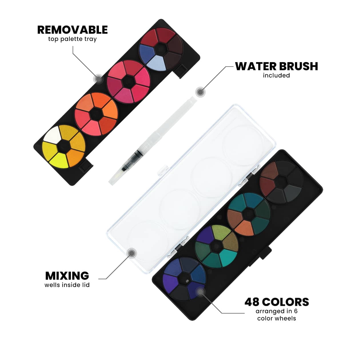Creative Inspirations Professional Watercolor Paint Set - 48 Dye-Based Watercolor Paints for Adults - Compact, Vibrant, Travel-Friendly Set with Water Brush Pen and Mixing Lid